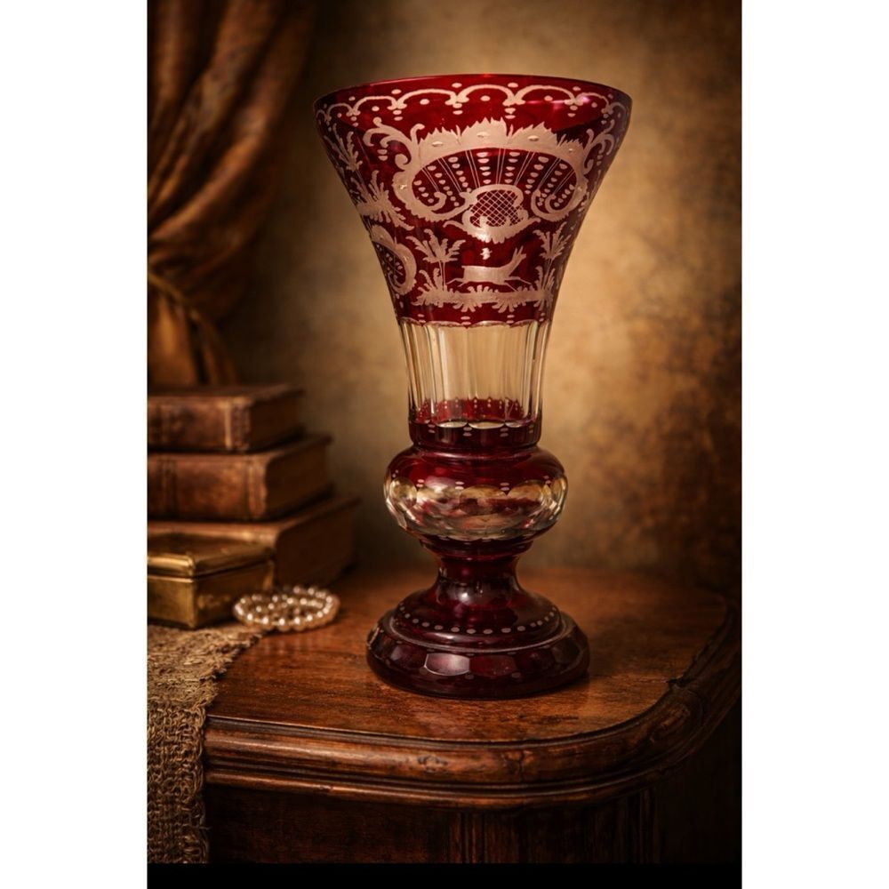 Vintage 1920s EGERMANN RUBY RED Bohemian Czech Crystal 9.8” Vase